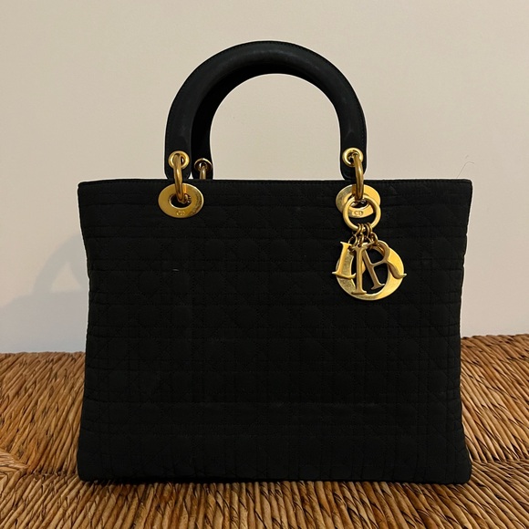 Dior Handbags - Authentic Lady Dior Black Cannage fabric bag with Gold Hardware